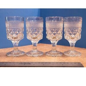 Vintage Clear Pressed Glass Goblets Diamond Point Waffle Pattern Set of 4